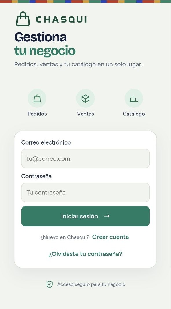 Pantalla real de inicio de sesión de Chasqui en celular